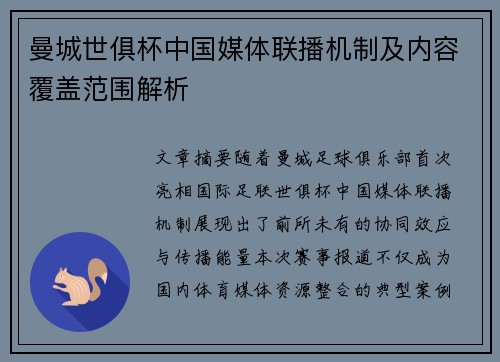 曼城世俱杯中国媒体联播机制及内容覆盖范围解析
