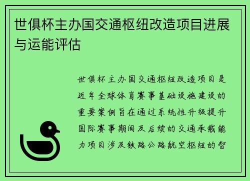 世俱杯主办国交通枢纽改造项目进展与运能评估