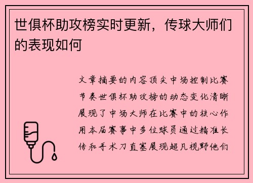 世俱杯助攻榜实时更新，传球大师们的表现如何